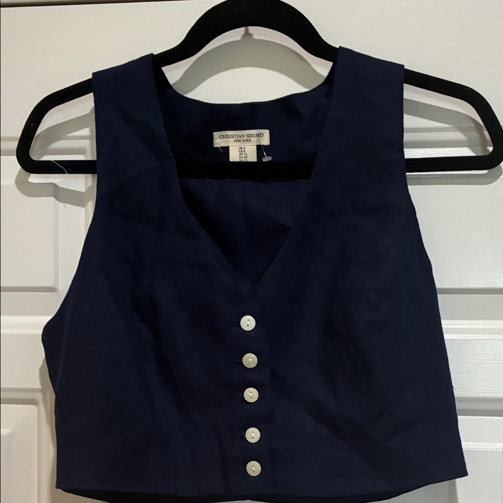 Christian Siriano nwot Navy Buttoned linen blend vest Top
